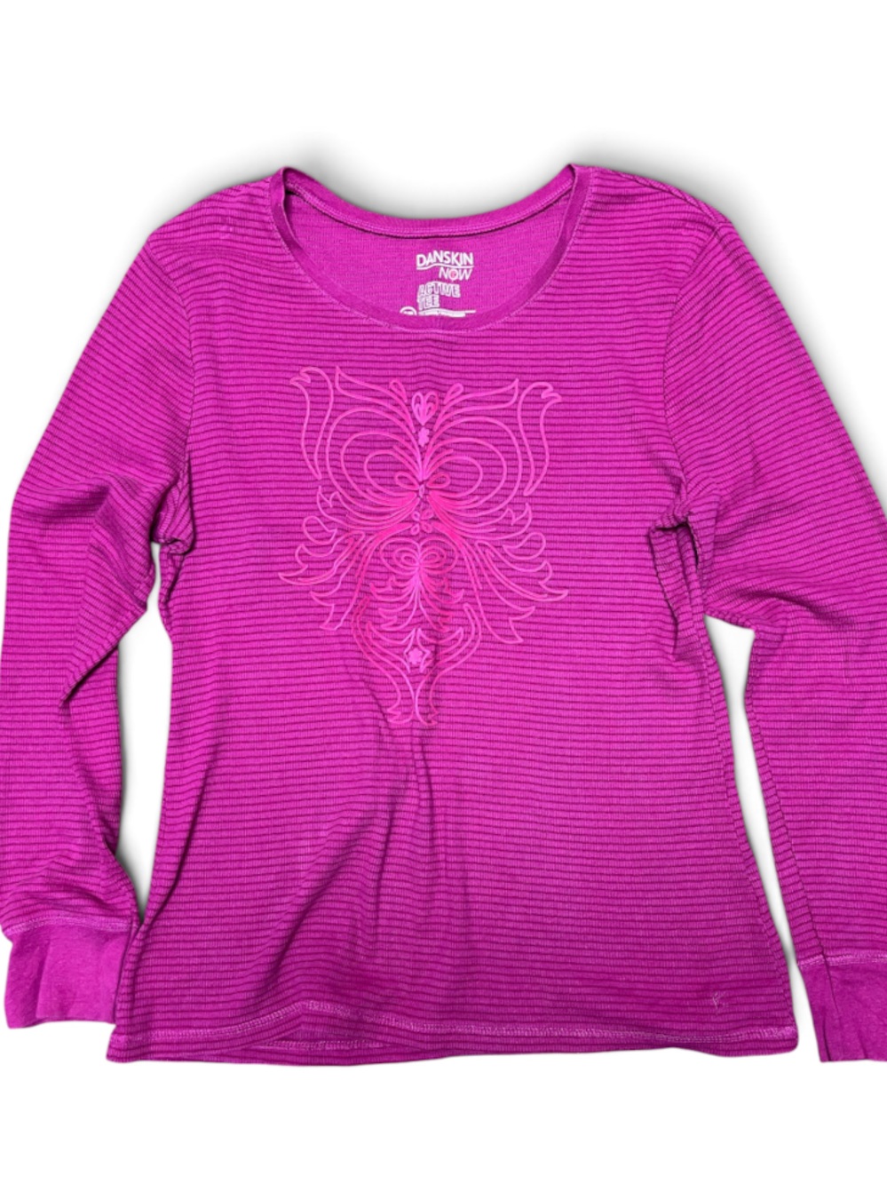 Danskin Now Fuchsia Striped Long Sleeve Top with Front Graphic
